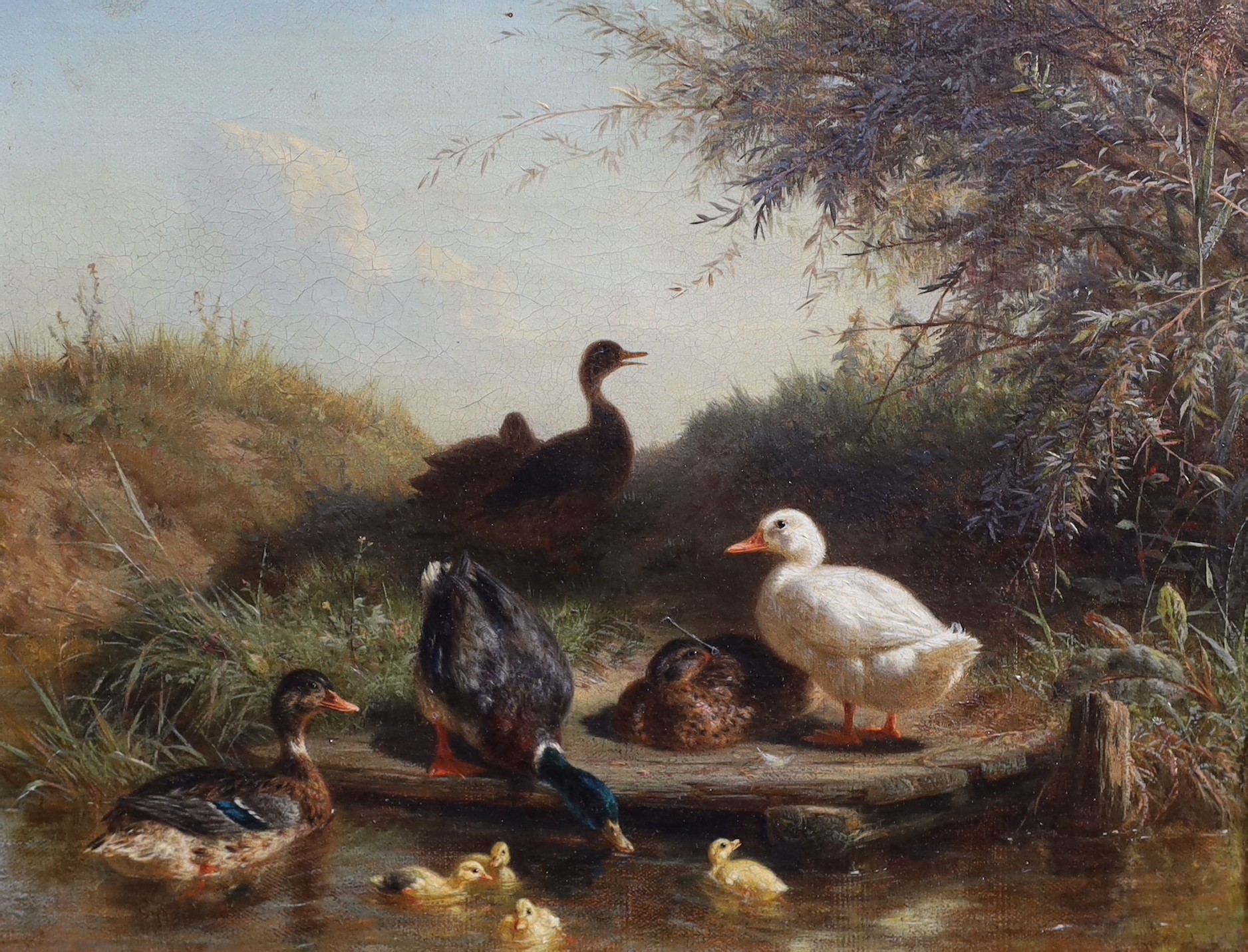 Carl Jutz (German, 1838-1916), Chickens in a field & Ducks beside a stream, pair of oils on canvas, 21 x 26cm